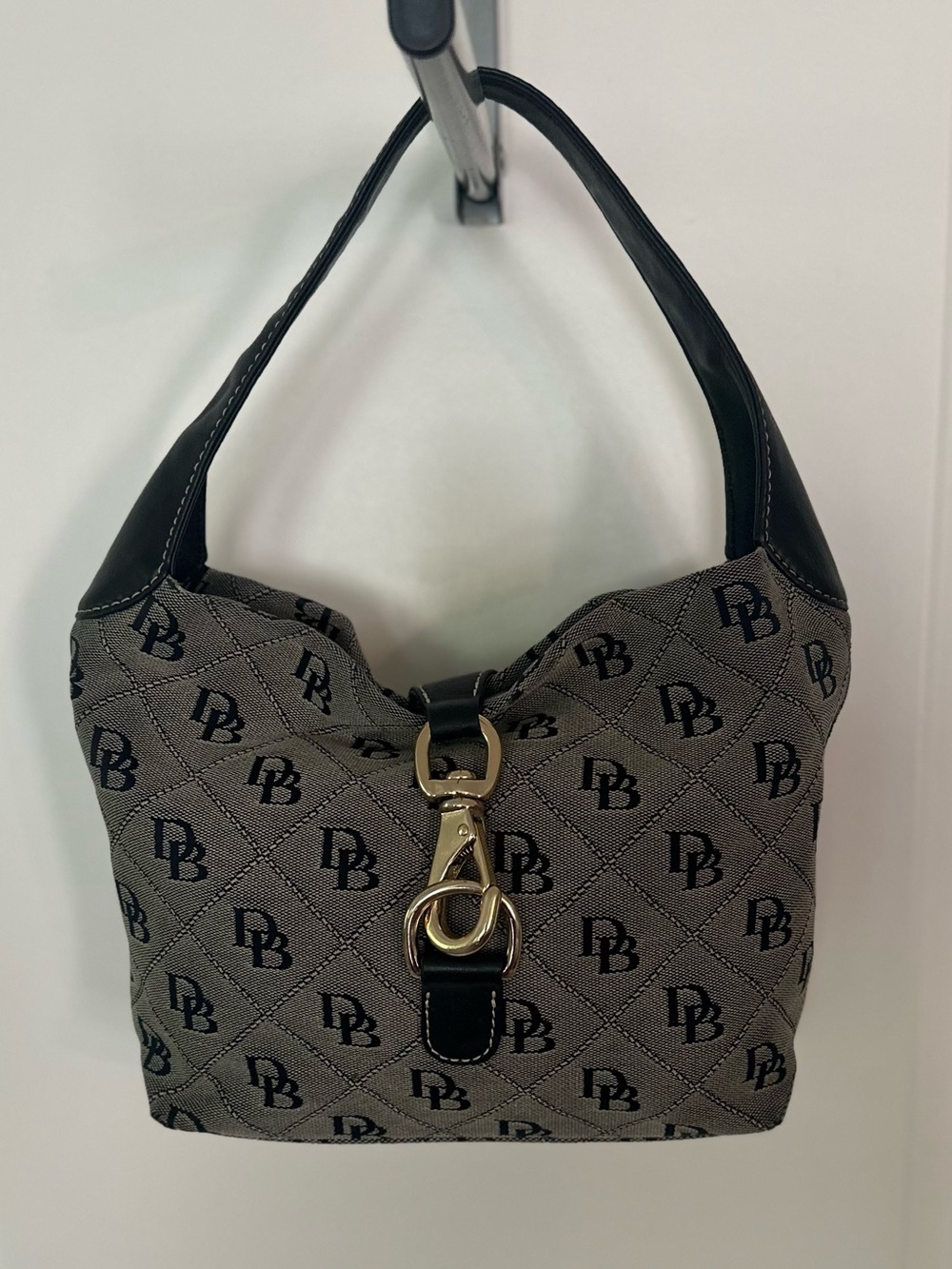 Dooney & Bourke Vintage Beige and Black Logo Hobo with Gold Hardware